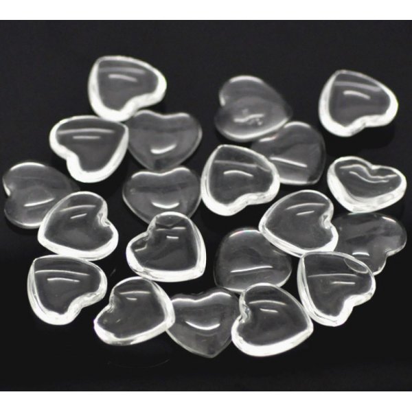 10 Caboch&otilde;es Cora&ccedil;&otilde;es 14 x 15 mm em vidro transparente rebarbado N&deg;22