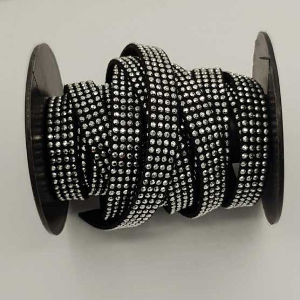 1 M Ruban su&eacute;dine noir strass Argent quatre rang&eacute;es