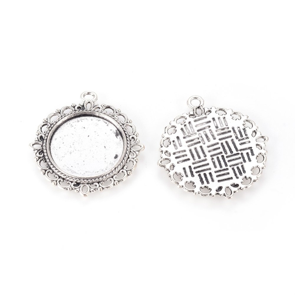 2 suportes de cabochão de prata de 20 mm, pingentes de cabochão 15290AS