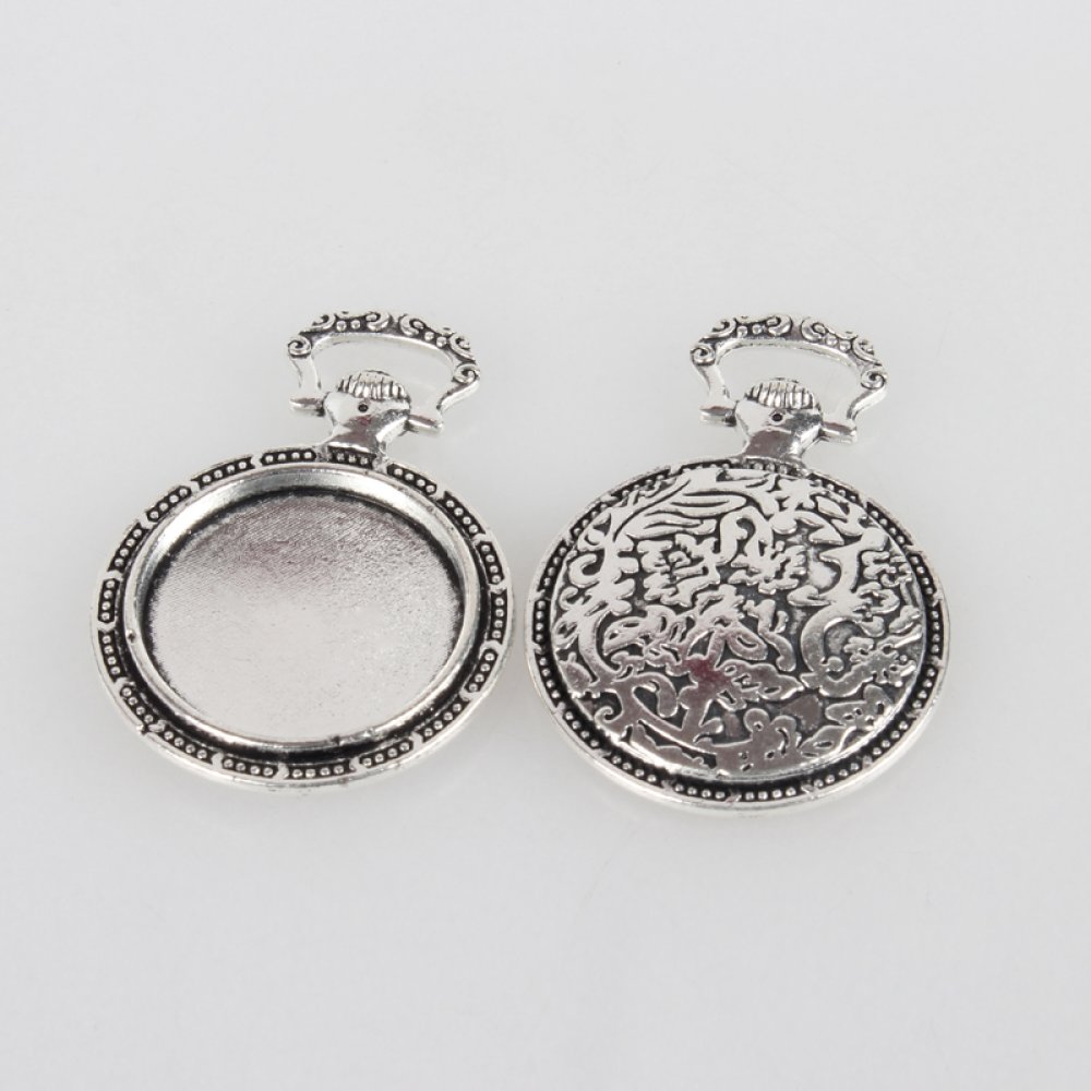 2 suportes de cabochão de 20 mm relógio de bolso em prata, pingentes de cabochão 74AS