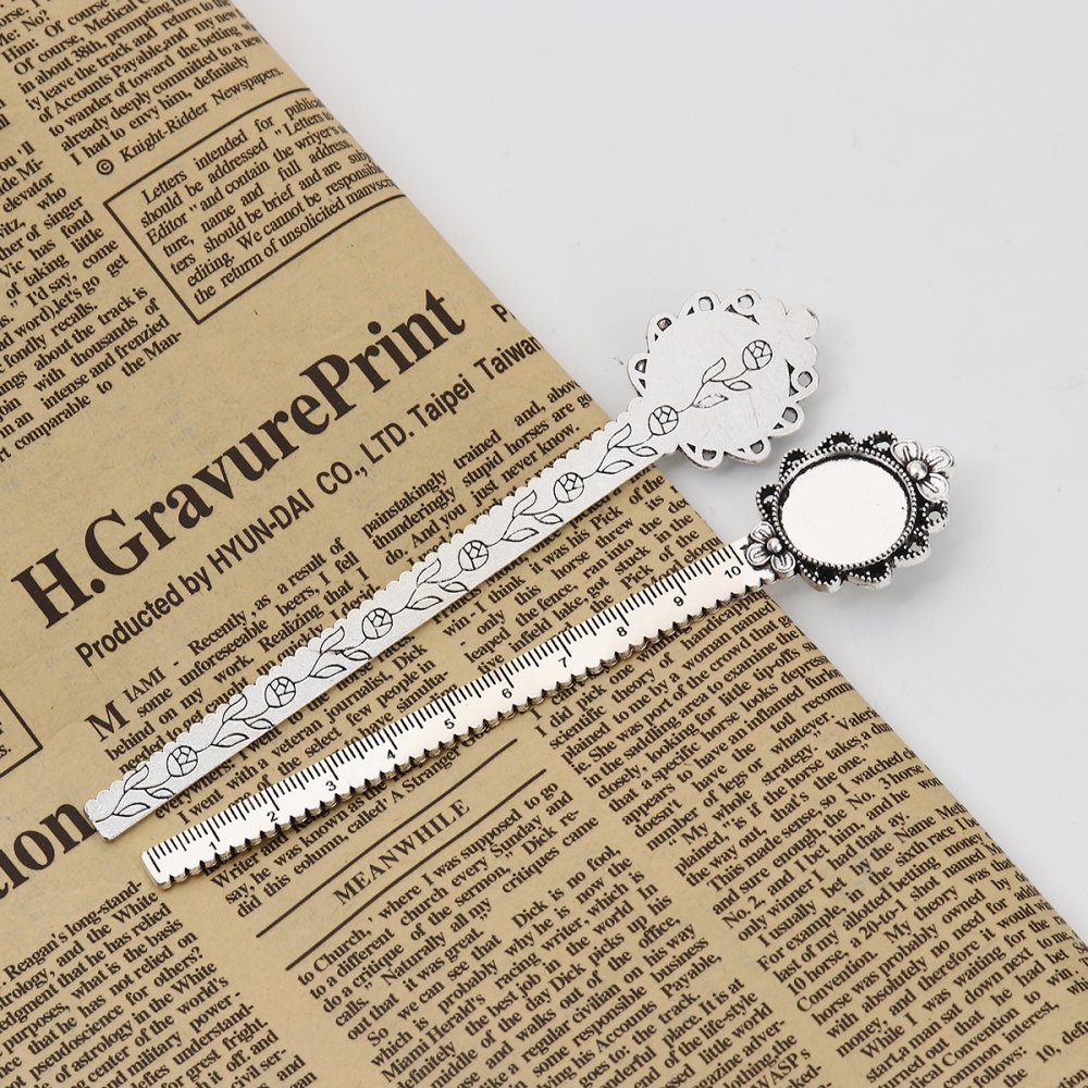 3 marcadores de livros régua cabochão 20 mm N°02 Prata envelhecida