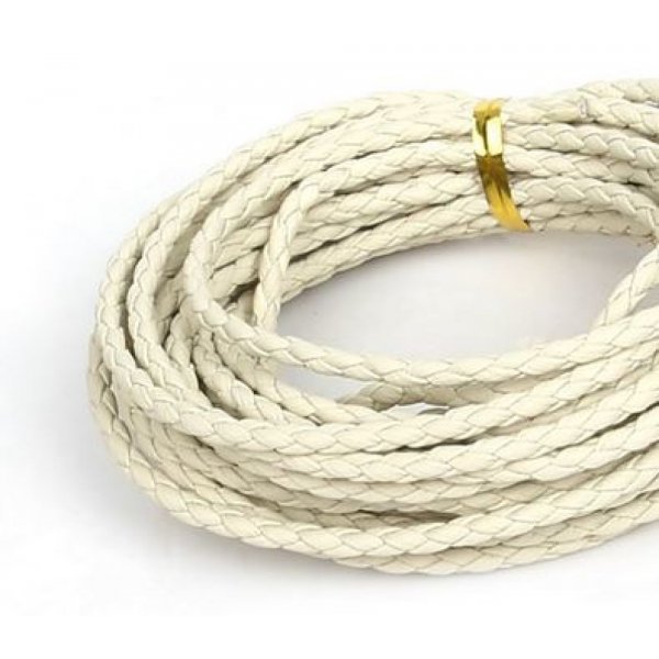 5 m&egrave;tres Cordon rond simili cuir tress&eacute; Ivoire 3 mm