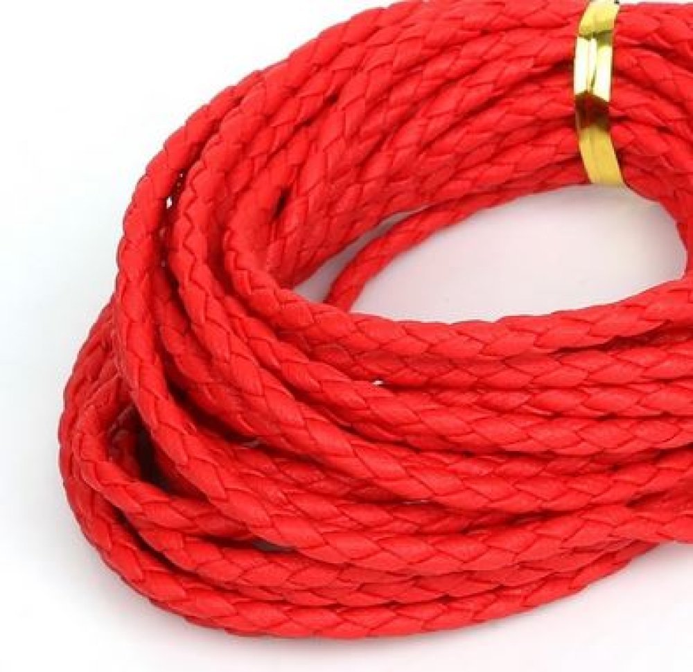 5 metros Cordão de couro sintético entrançado redondo Vermelho 3 mm