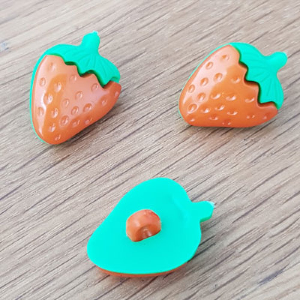 Botões de fantasia, crianças, bebés Padrão morango N°03 verde e laranja