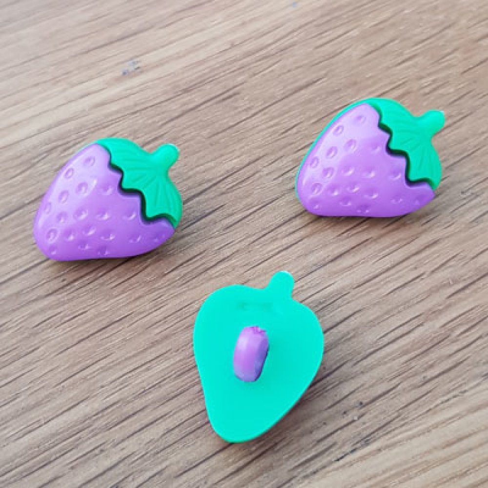 Botões de fantasia, crianças, bebés Padrão morango N°05 verde e roxo
