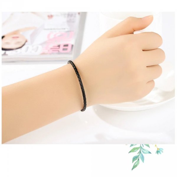 Bracelet Cuir Tress&eacute; Noir 19 cm Fermoir Clip Argent 925