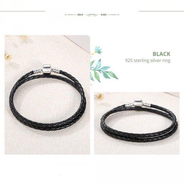 Bracelet Double Cuir Tress&eacute; Noir 36 cm Fermoir Clip Argent 925