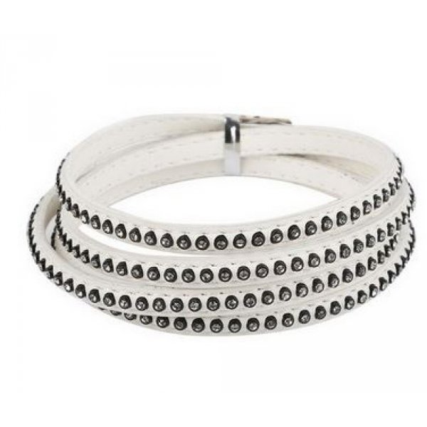 Couro 06 mm Branco incrustado com strass 1 metro