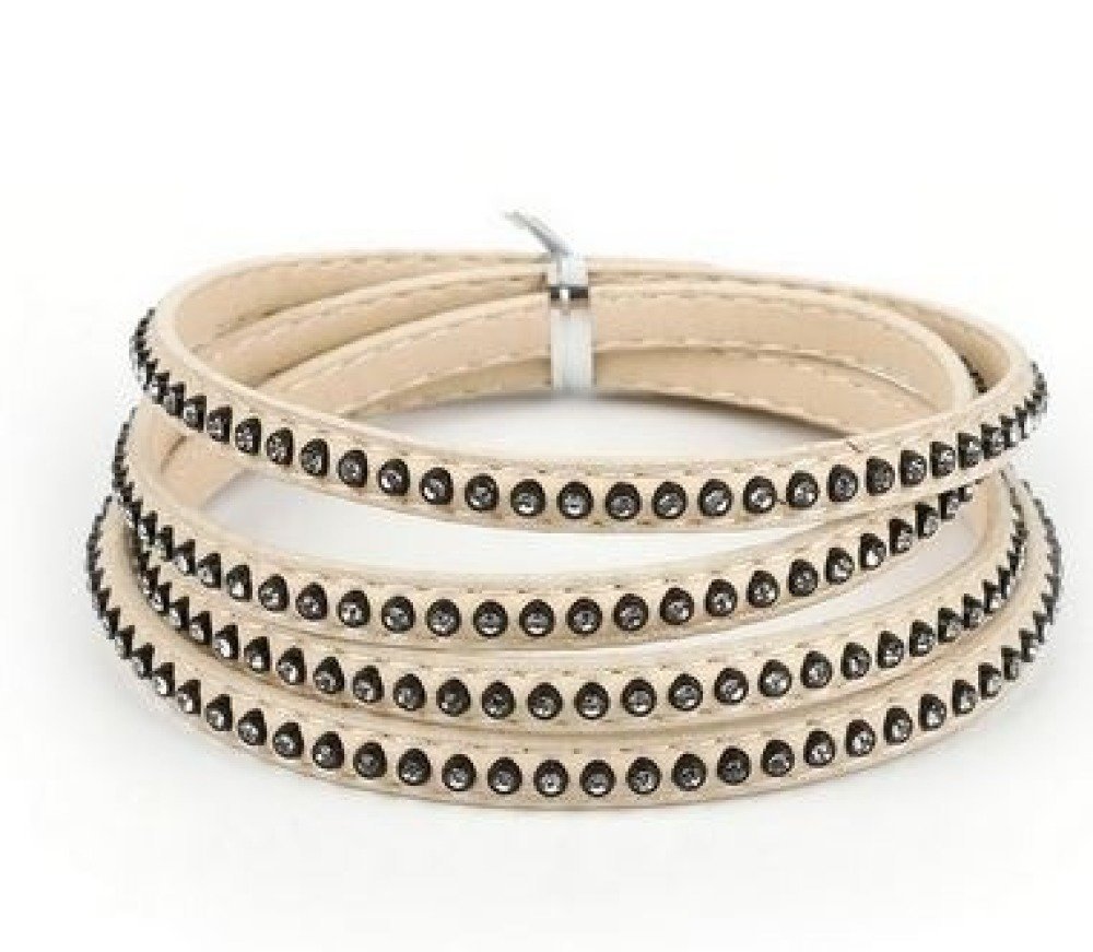 Couro 06 mm Marfim incrustado com strass 1 metro