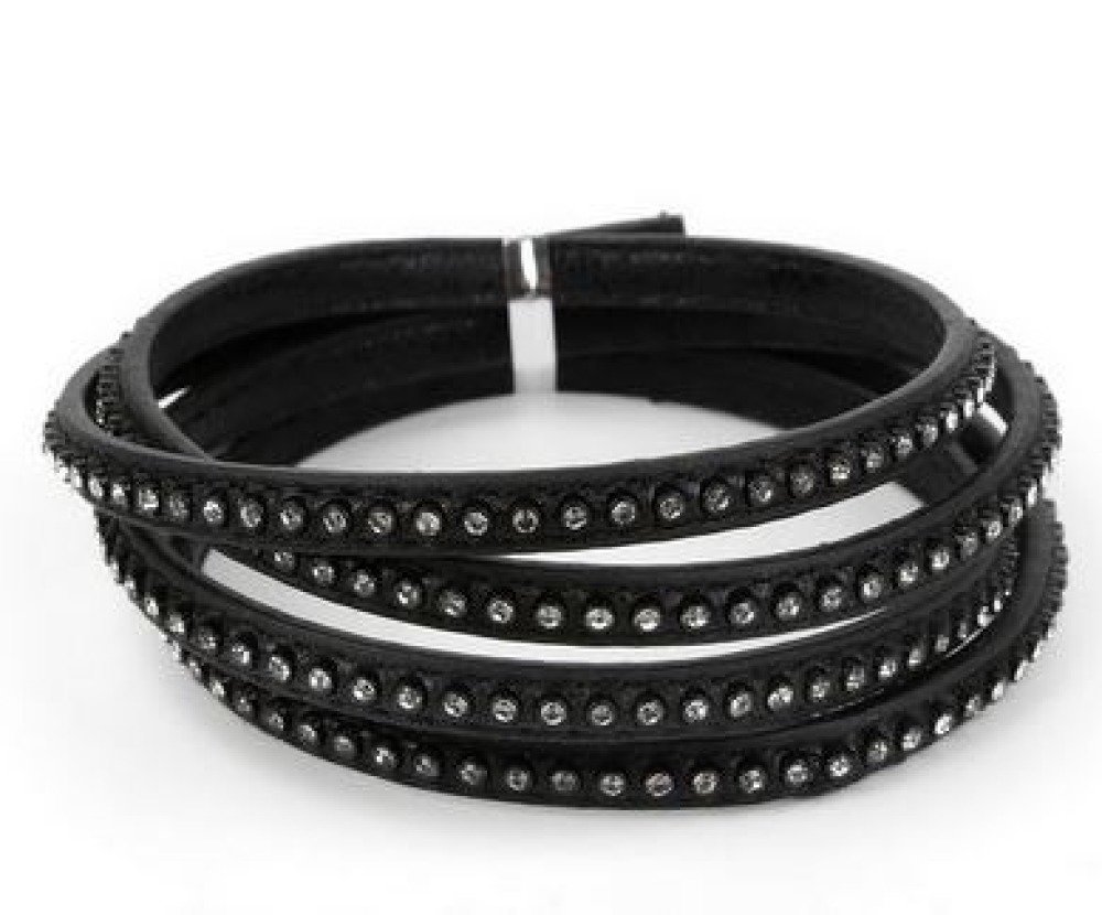 Couro 06 mm Preto incrustado com strass 1 metro