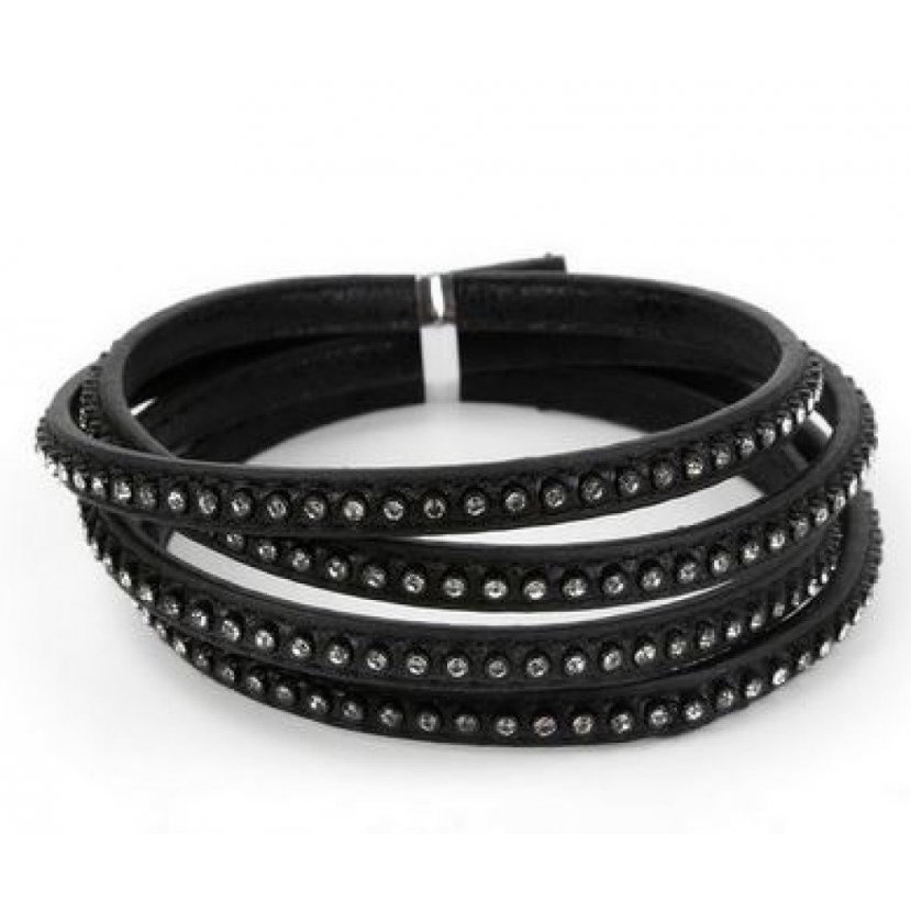 Couro 06 mm Preto incrustado com strass 1 metro