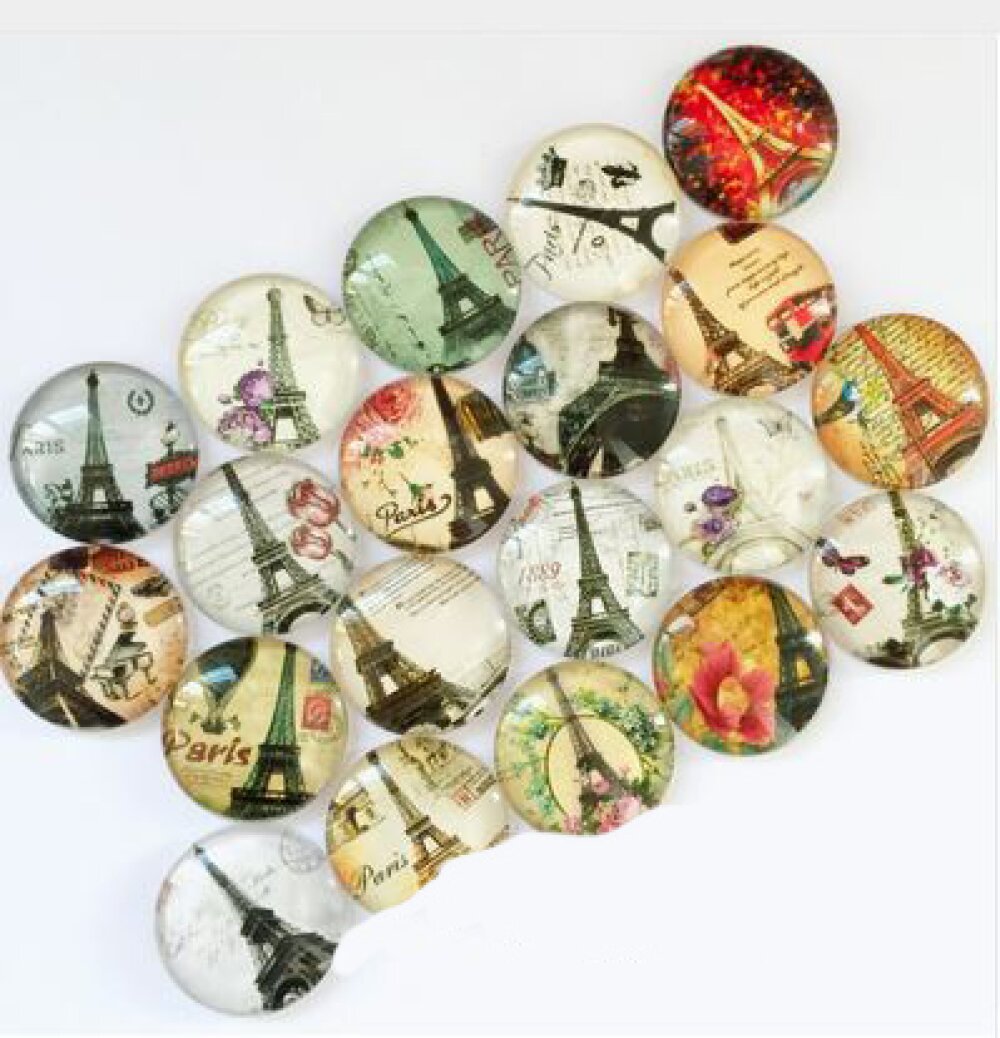 Lote 20 cabochões de vidro redondos 25mm Torre Eiffel 02 cabochão de vidro misto 