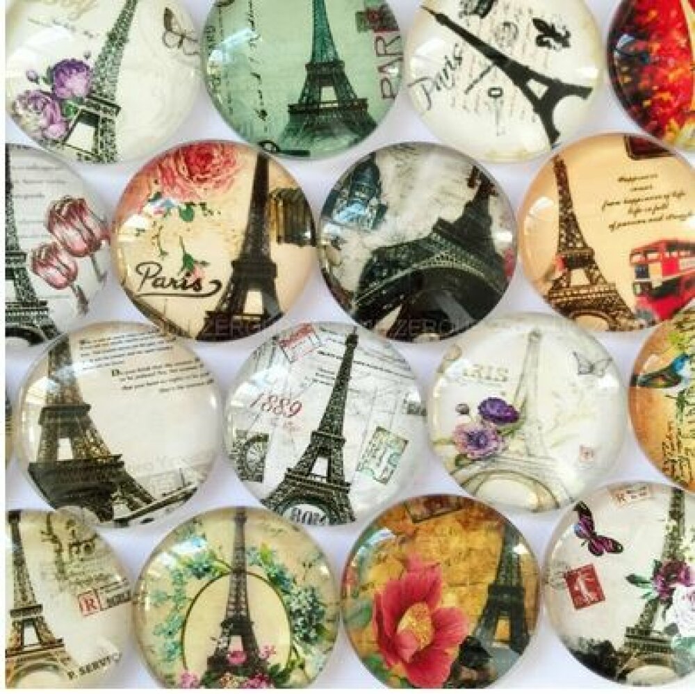 Lote 20 cabochões de vidro redondos 25mm Torre Eiffel 02 cabochão de vidro misto 