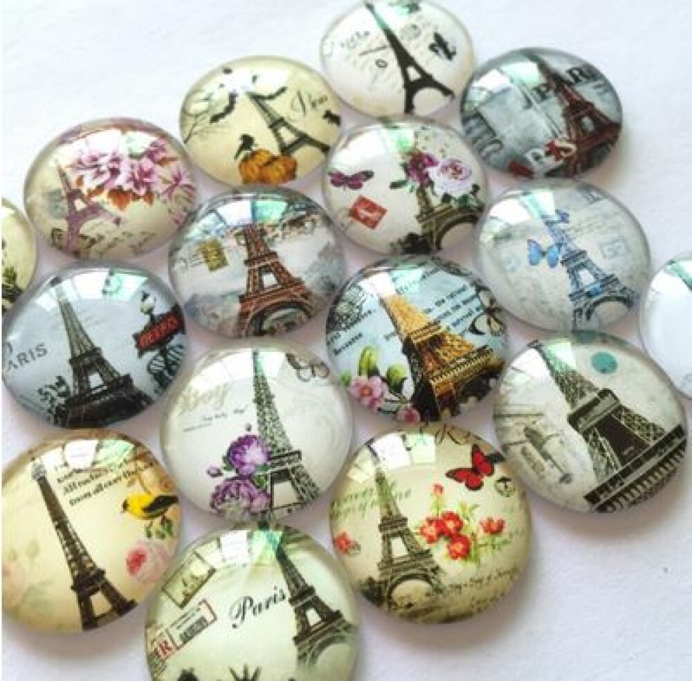 Lote 20 cabochões de vidro redondos 25mm Torre Eiffel 02 cabochão de vidro misto 