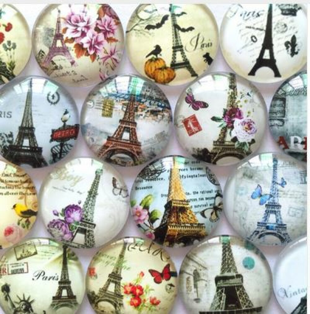 Lote 20 cabochões de vidro redondos 25mm Torre Eiffel 02 cabochão de vidro misto 