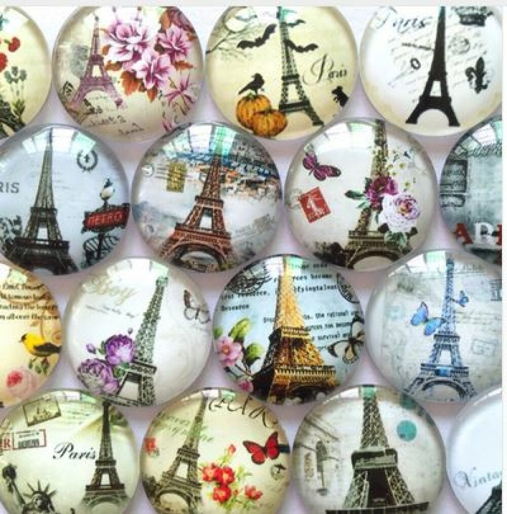 Lote 20 cabochões de vidro redondos 25mm Torre Eiffel 02 cabochão de vidro misto 