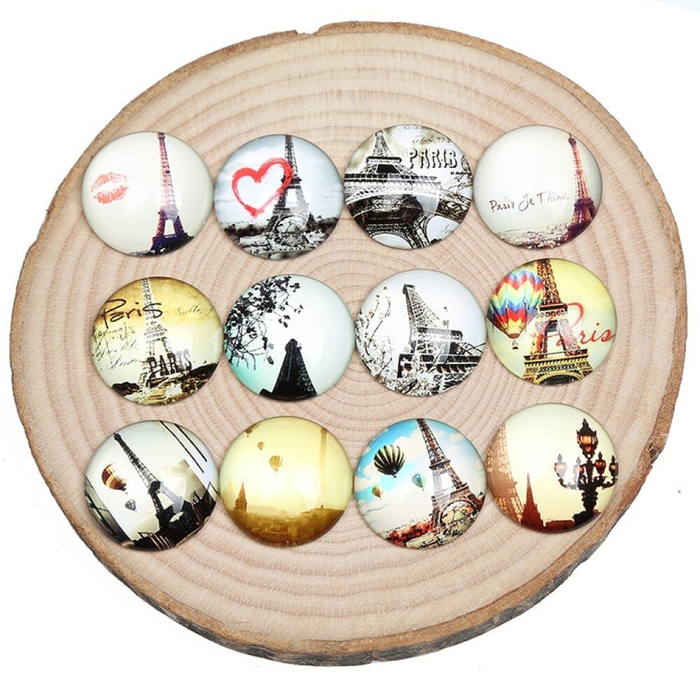 Lote 20 cabochões de vidro redondos 25mm Torre Eiffel 03 cabochões de vidro misto 