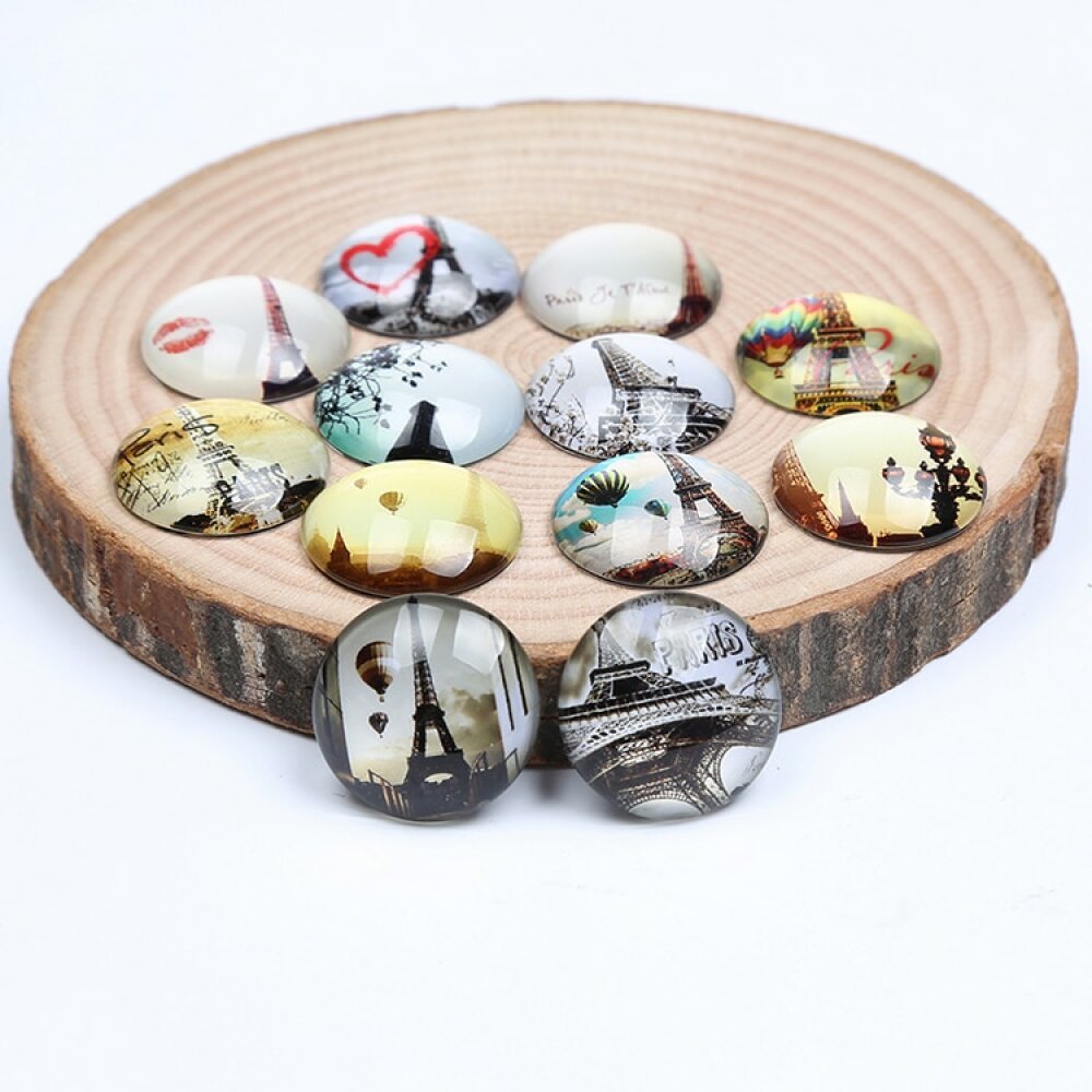 Lote 20 cabochões de vidro redondos 25mm Torre Eiffel 03 cabochões de vidro misto 