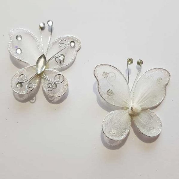 Lot de 2 Papillons Tissus et Strass Blanc