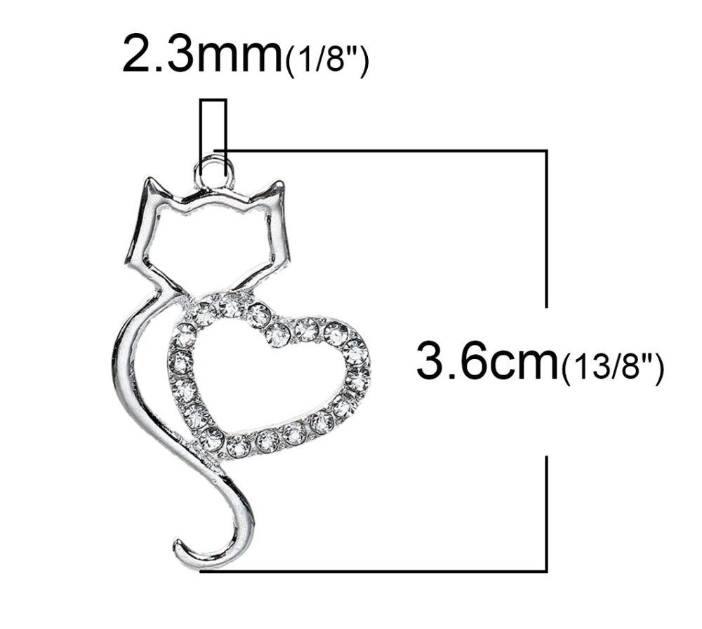 Conjunto de 3 Pendentes para gatos em liga de zinco N°06 Prata Coração Strass Transparente 36 mm x 22 mm