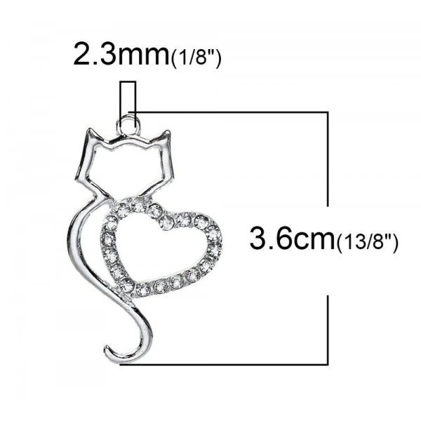 Conjunto de 3 Pendentes para gatos em liga de zinco N&deg;06 Prata Cora&ccedil;&atilde;o Strass Transparente 36 mm x 22 mm