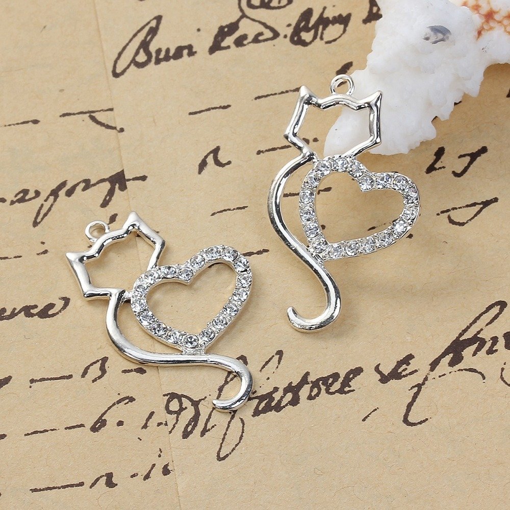 Conjunto de 3 Pendentes para gatos em liga de zinco N°06 Prata Coração Strass Transparente 36 mm x 22 mm