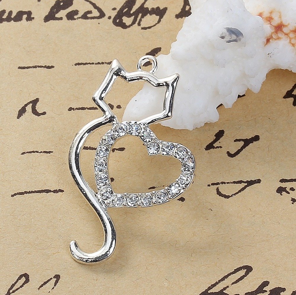 Conjunto de 3 Pendentes para gatos em liga de zinco N°06 Prata Coração Strass Transparente 36 mm x 22 mm