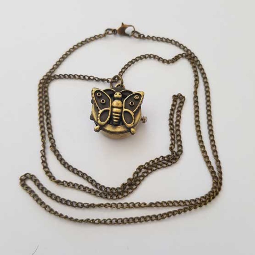 Relógio de bolso borboleta em bronze antigo com corrente