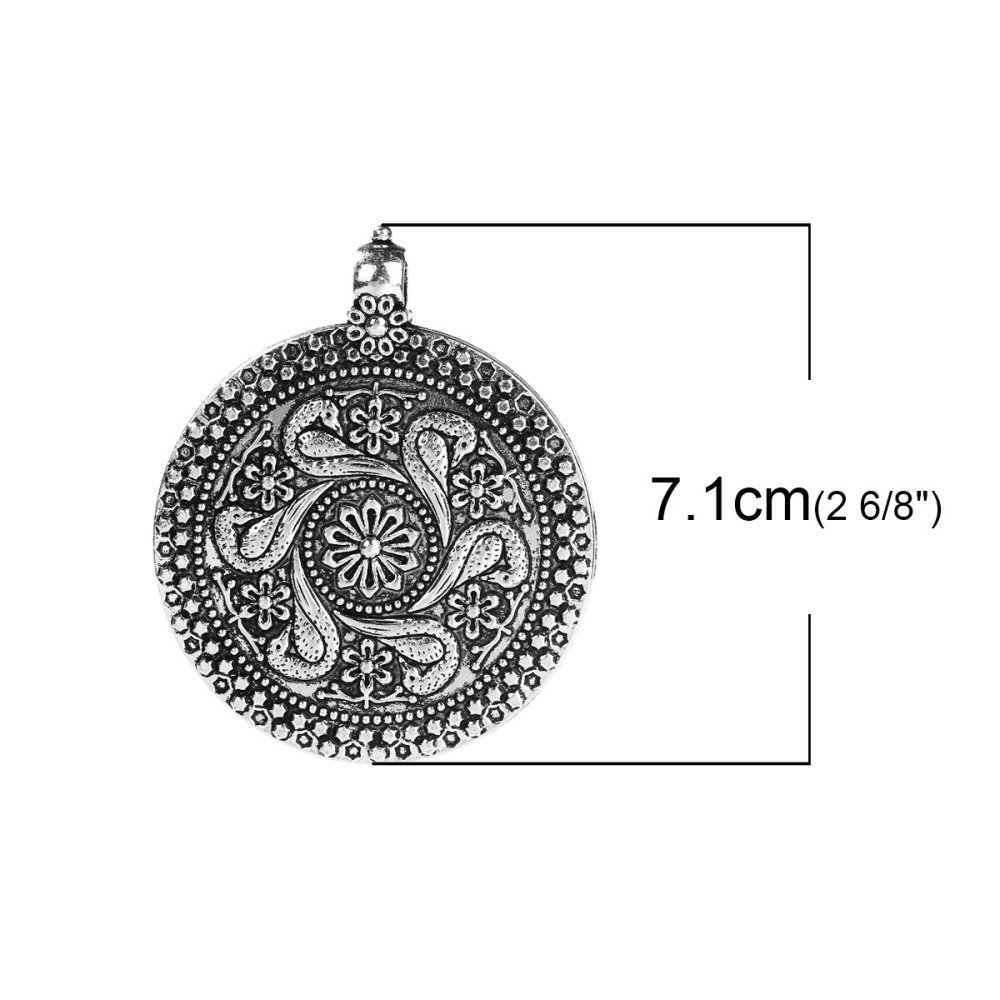 Pingente de flor de prata em liga redonda estilo boémio 71 mm x 59 mm
