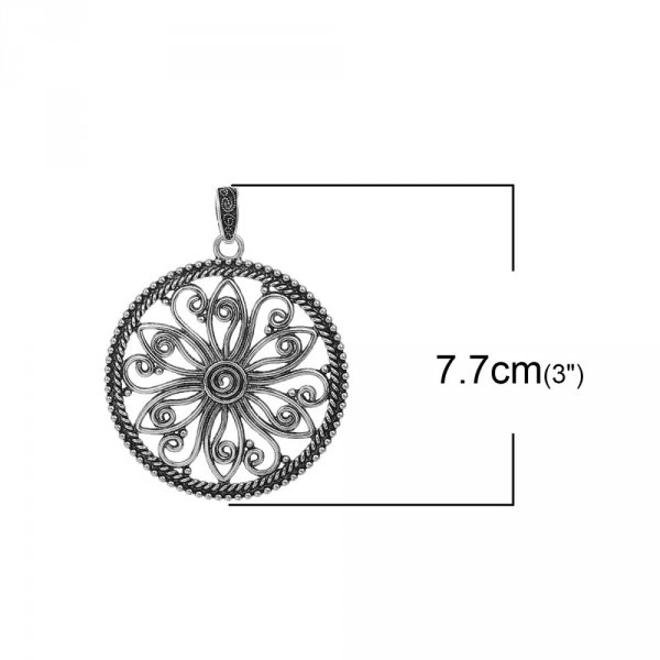 Pendentif N&deg;001-D en Alliage Rond Fleur Creux Argent Vieilli 77 mm x 60 mm