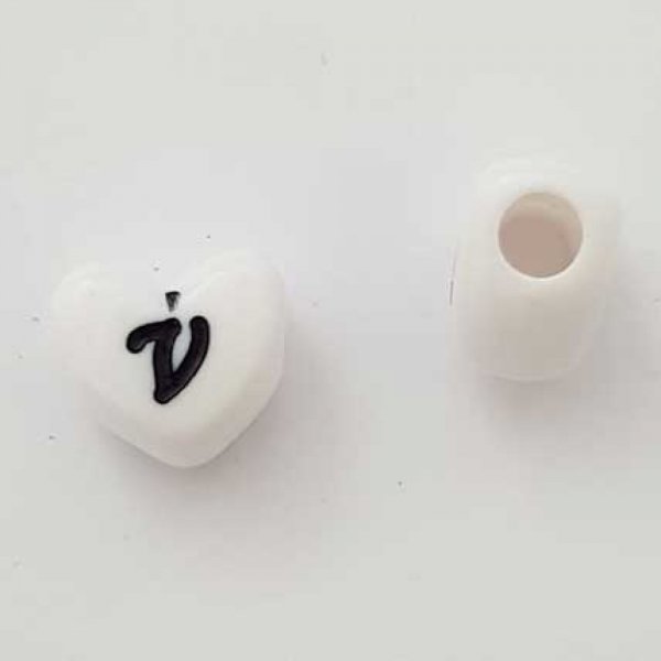 Perle C&oelig;ur Lettre V Blanc Noir 11mm