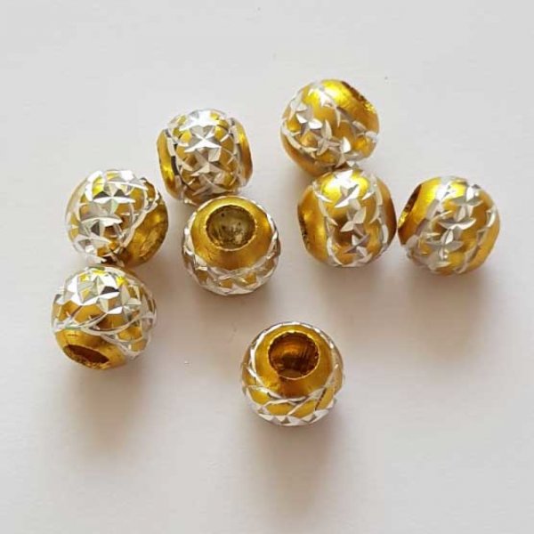 Perle Ronde 10 mm Dor&eacute; Clair Stri&eacute;e Argent&eacute;e Filigrane Aluminium