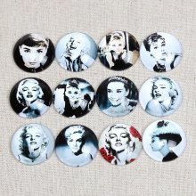 Lote de 20 cabochões de vidro redondos de 25 mm Marilyn- Audrey Hepburn