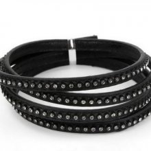 Couro 06 mm Preto incrustado com strass 1 metro