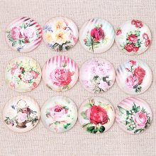Lote de 20 cabochões de vidro redondos de 25 mm Flor cor-de-rosa
