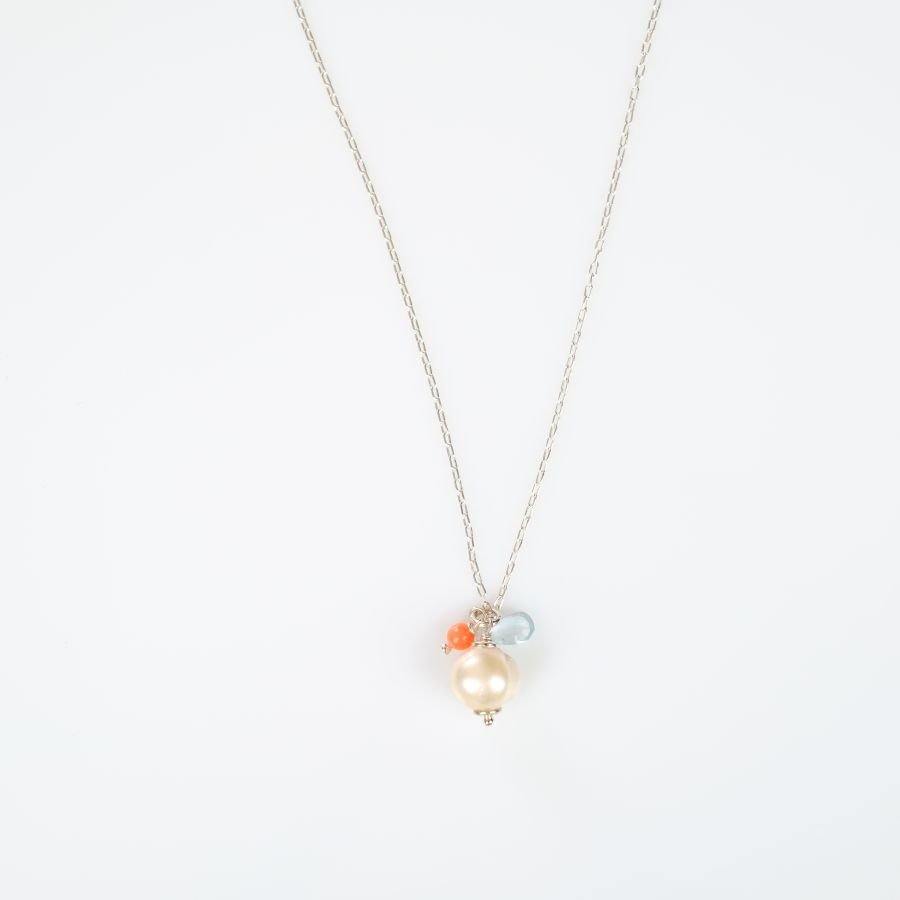 Pingente único Aquamarine e Coral Bead em Prata 