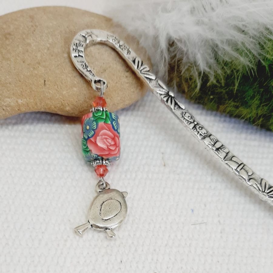pingente marcador de página pingente de pássaro prateado e tubo de pérola original com padrão de rosa sublime