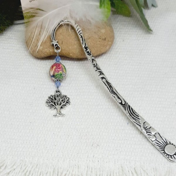 marque pages pendentif arbre de vie argent&eacute; &agrave; parsonnaliser avec perle artisanale jaune