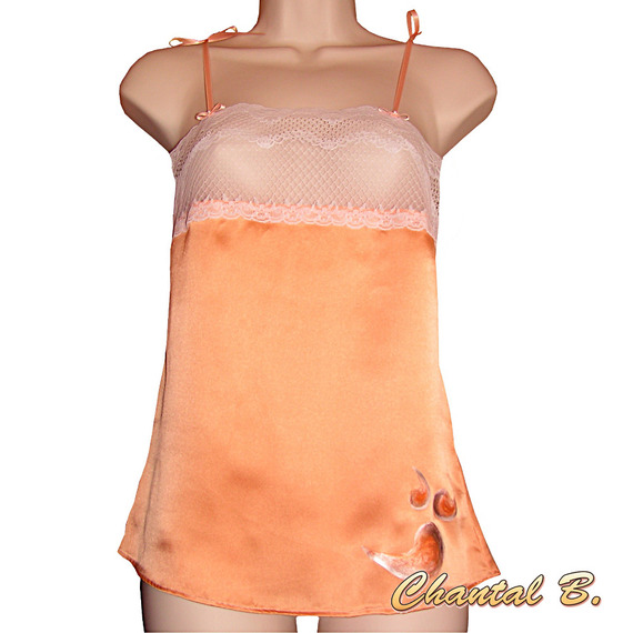 Lingerie nightie + tanga em cetim de seda e renda de salmão