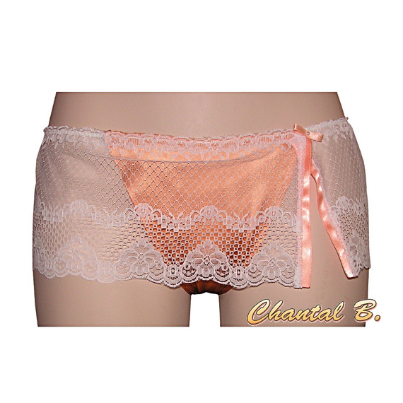 Lingerie nightie + tanga em cetim de seda e renda de salmão