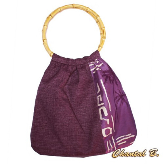 Saco de ombro roxo e saco de embreagem com padrão de seda e bambu de algodão