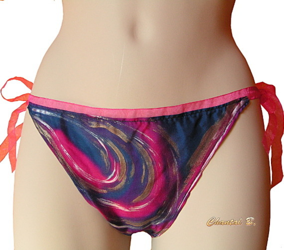 Tanga de seda da marinha e fúcsia pintada à mão