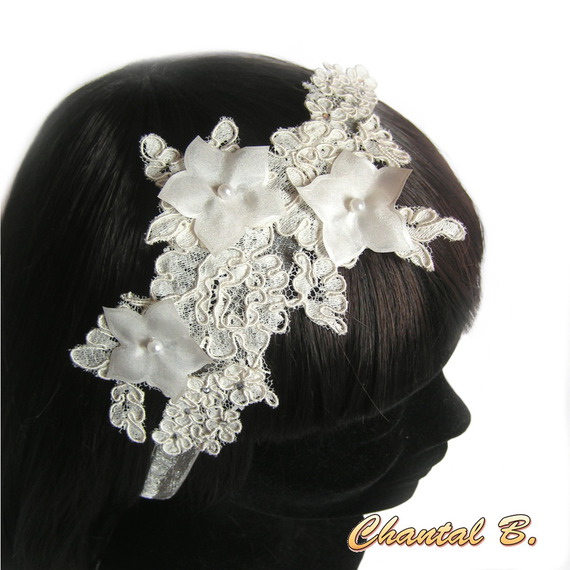fita de cabelo rendas Calais marfim acessório de casamento fita de seda flor rhinestone