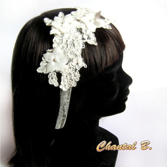 fita de cabelo rendas Calais marfim acessório de casamento fita de seda flor rhinestone