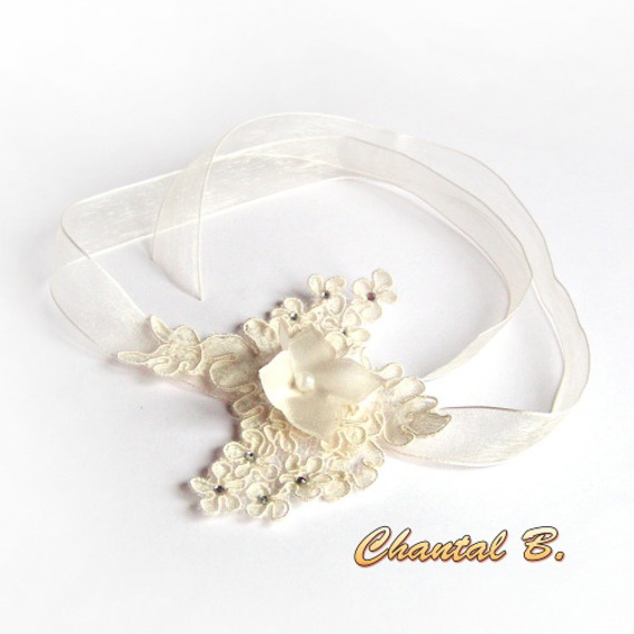 fita de cabelo renda Calais marfim acessório de casamento fita de seda flor rhinestone