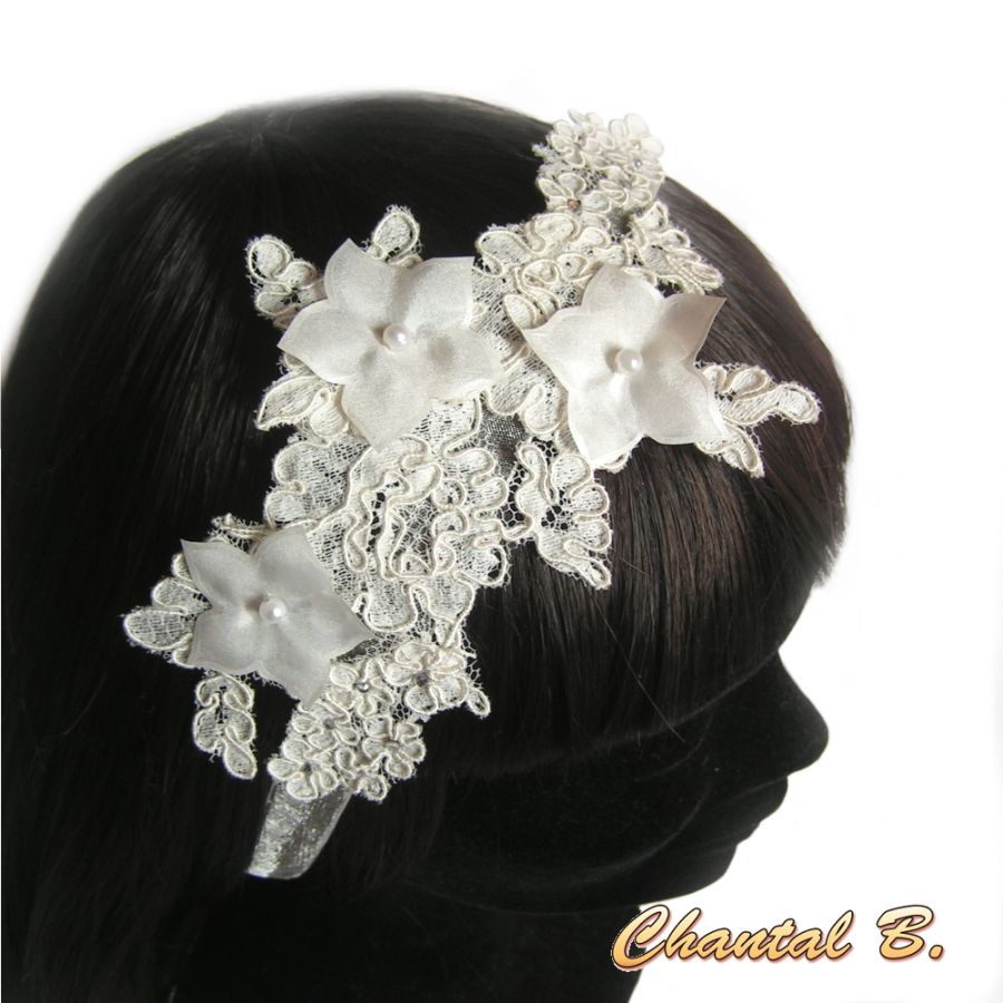 fita de cabelo renda Calais marfim acessório de casamento fita de seda flor rhinestone