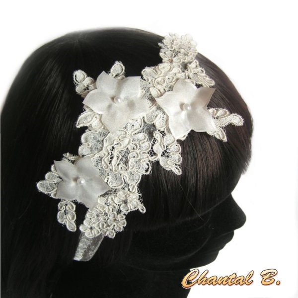 fita de cabelo renda Calais marfim acess&oacute;rio de casamento fita de seda flor rhinestone