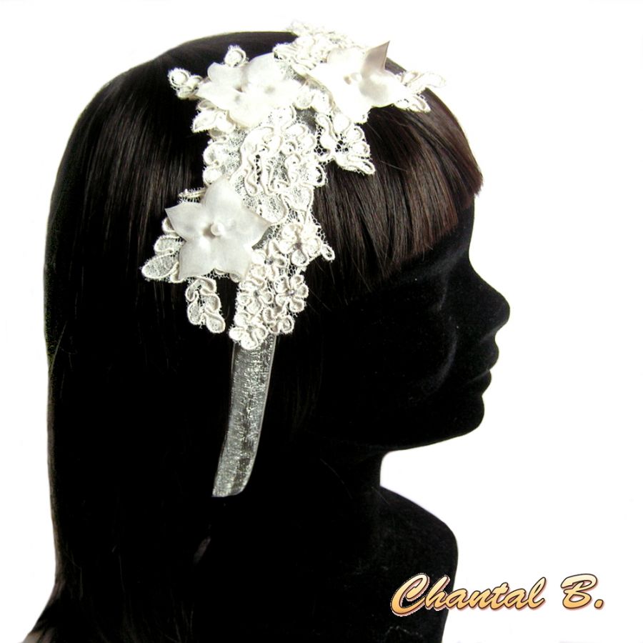 fita de cabelo renda Calais marfim acessório de casamento fita de seda flor rhinestone
