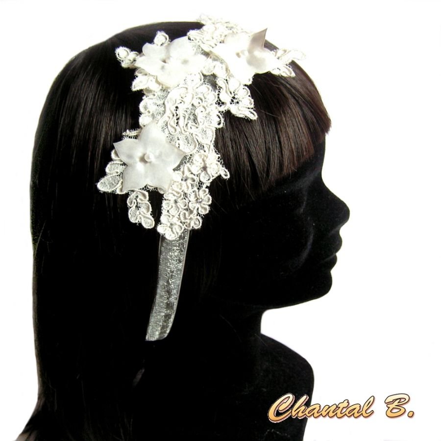 fita de cabelo renda Calais marfim acessório de casamento fita de seda flor rhinestone