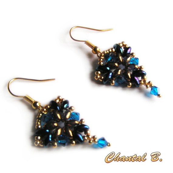 brincos contas triangulares Swarovski cristal azul e bronze dourado